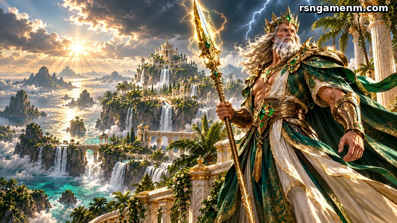 rsngame — Raja Petir Zamrud dalam zirah hijau dan emas dengan pedang petir