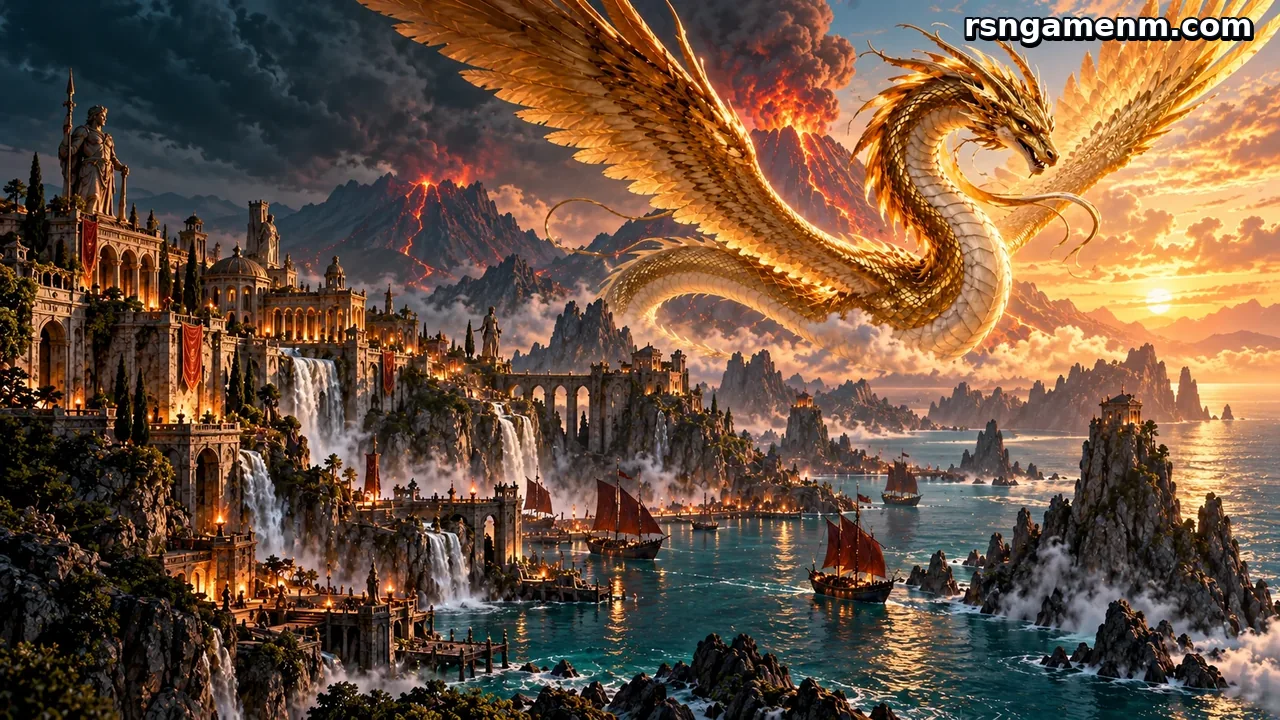 rsngame — Naga emas terbang di atas pelabuhan fantasi